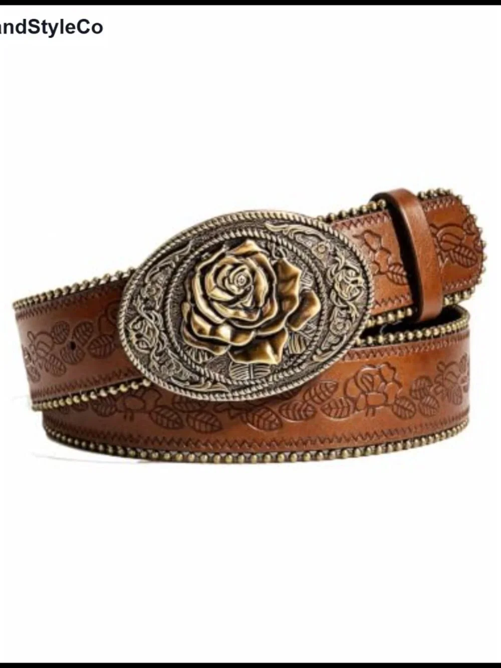 Vintage Cowgirl Faux Leather Belt with Embossed Floral Buckle